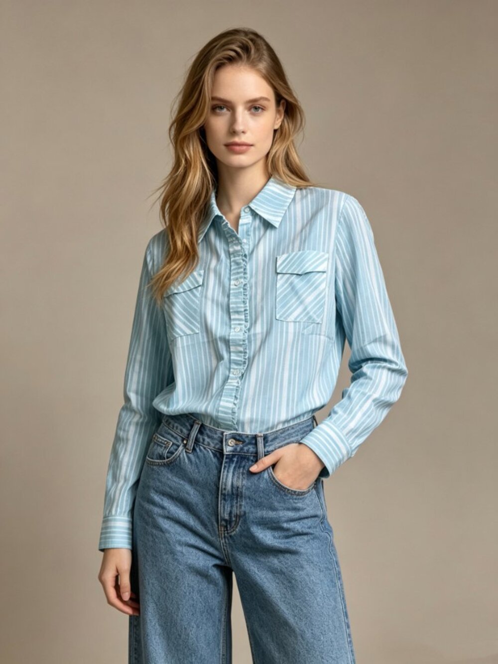 NWT Cinderella Women's Blue Striped Ruffled Long-Sleeved Shirt Size L cotton